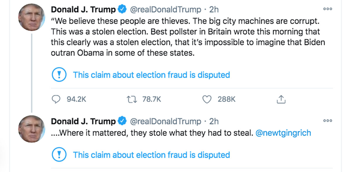 Donald Trump continues to call out what he believes to be a phony election on Twitter...