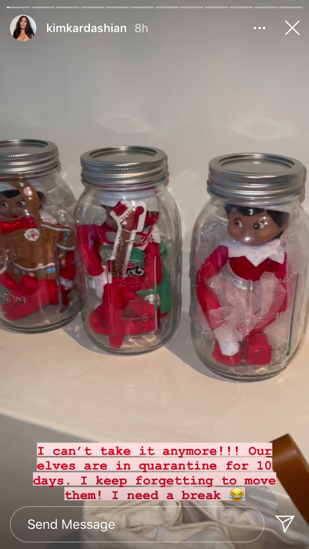 Kim Kardashian is so tired of the elf on the shelf that she put 'em in quarantine!