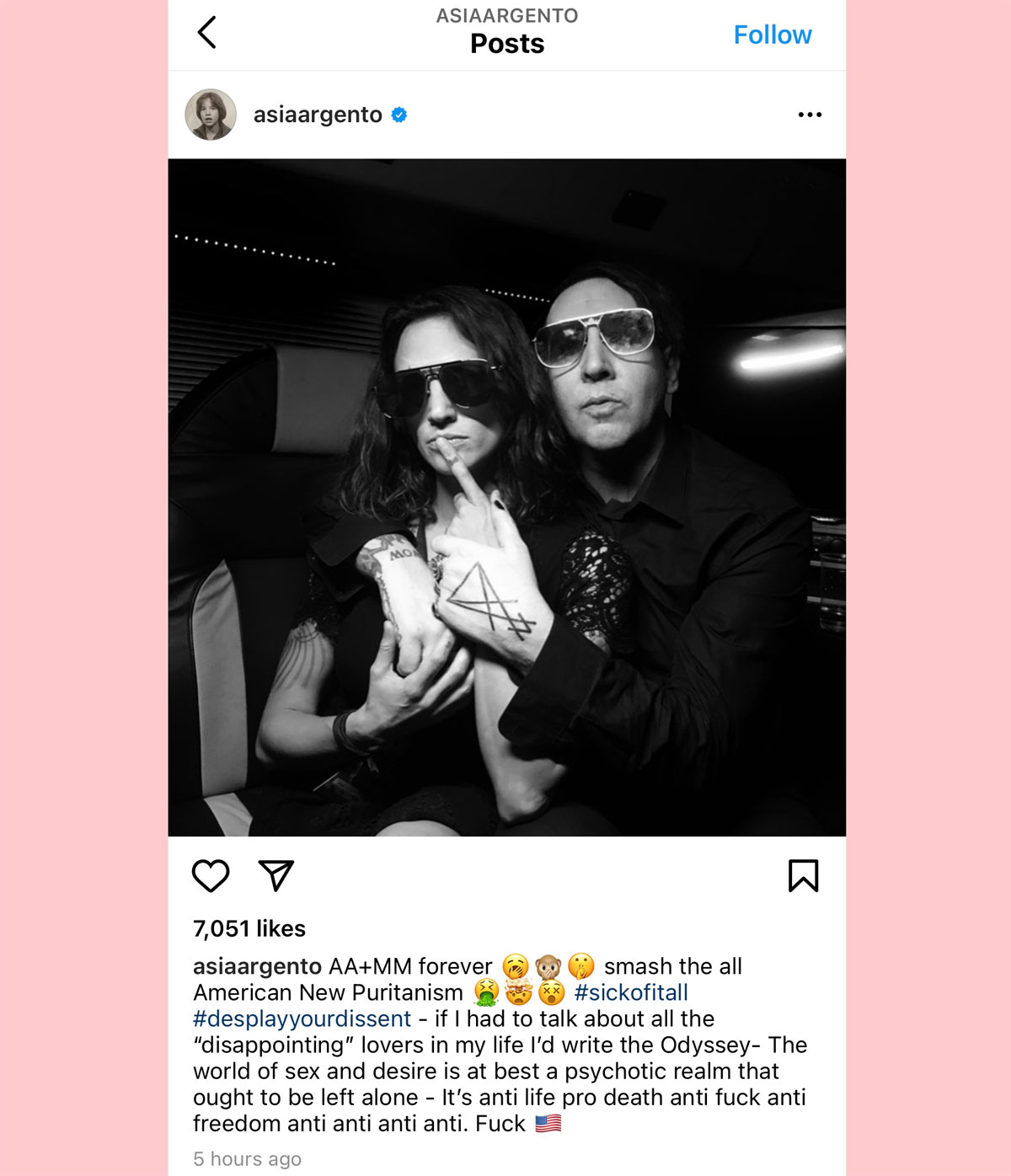 Asia Argento appears to defend Marilyn Manson in this since-deleted Instagram post.