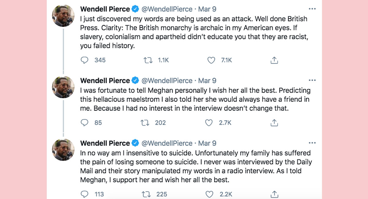 Meghan Markle's former co-star Wendell Pierce clarifies his comments about her interview with Oprah Winfrey!