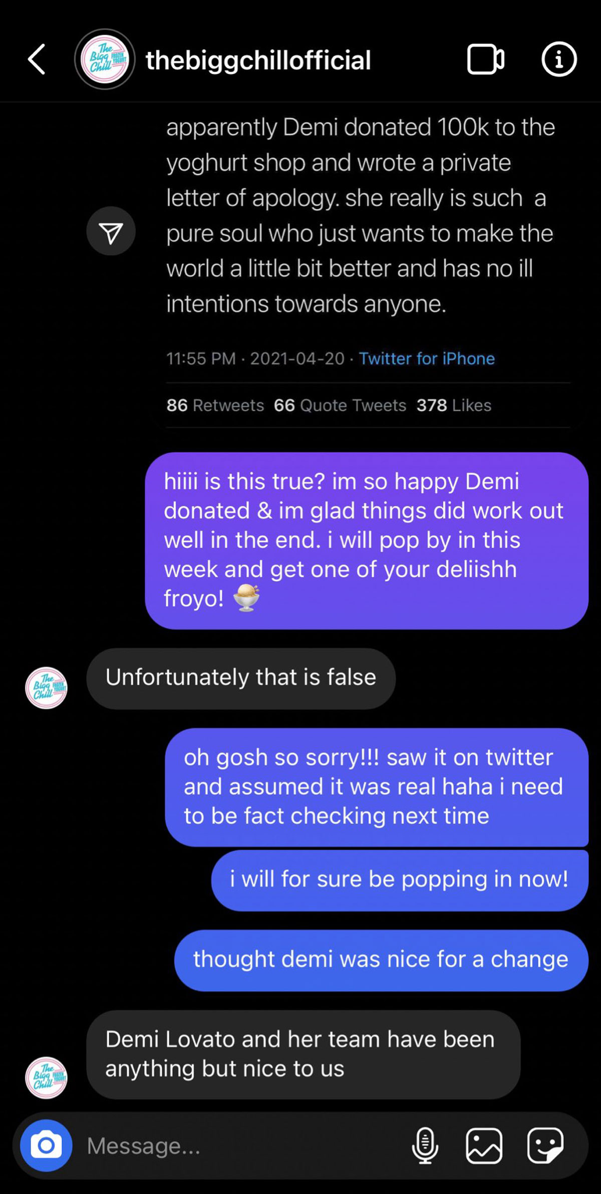 Twitter users claimed Demi Lovato donated $100,000 to The Bigg Chill after their fro-yo fight!