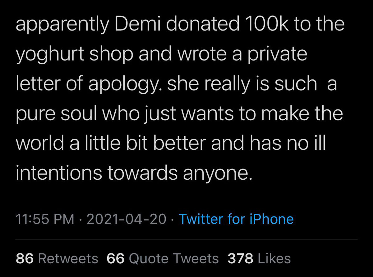 Twitter users claimed Demi Lovato donated $100,000 to The Bigg Chill after their fro-yo fight!