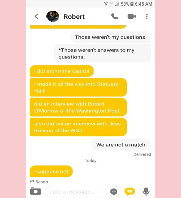 captiol rioter arrested bumble message screenshot