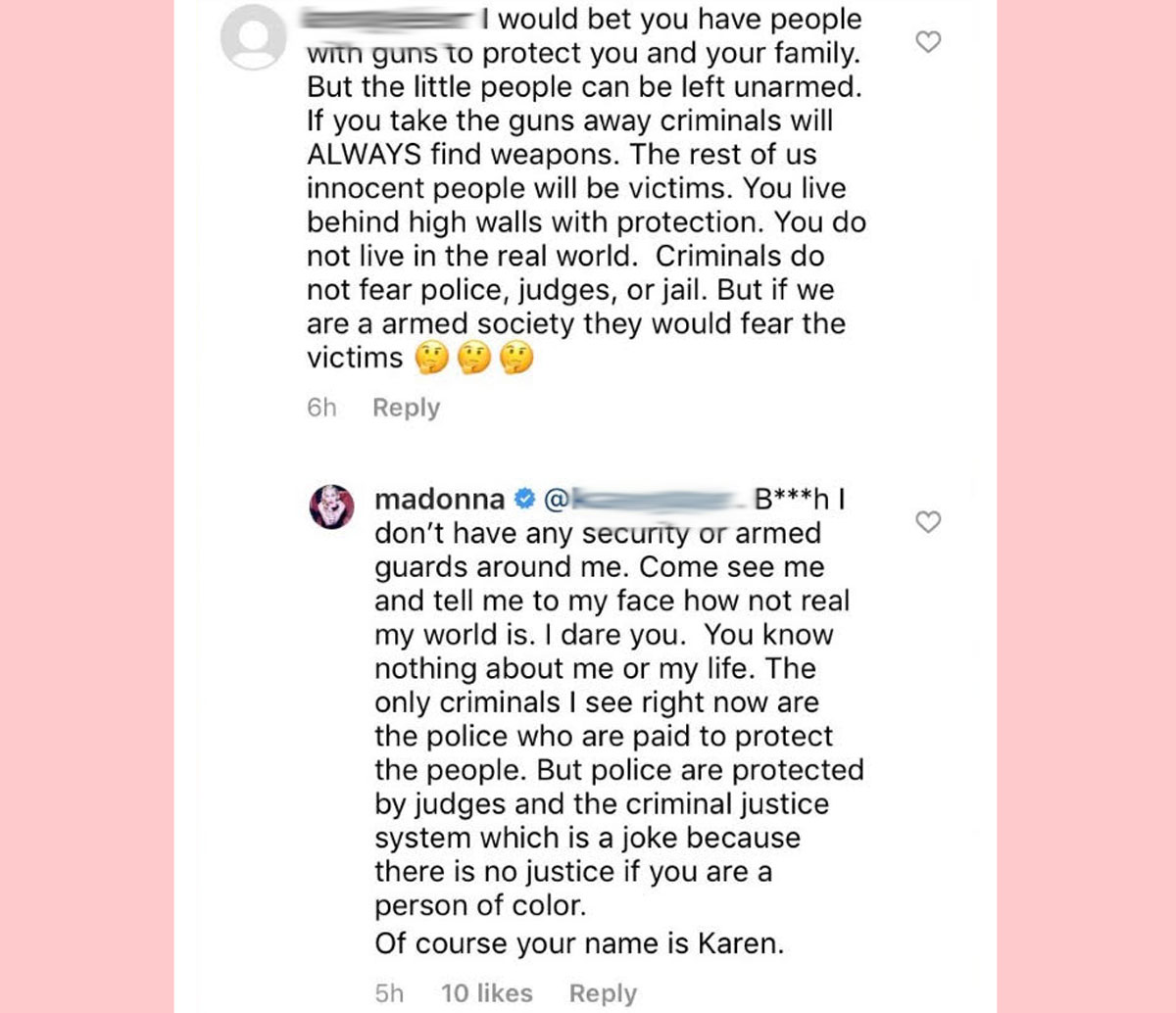 Madonna slams an Instagram troll in response to a gun control thread on her account!