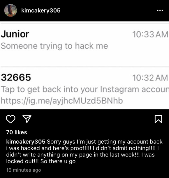 kimberly alexander : hacking claim instagram post 