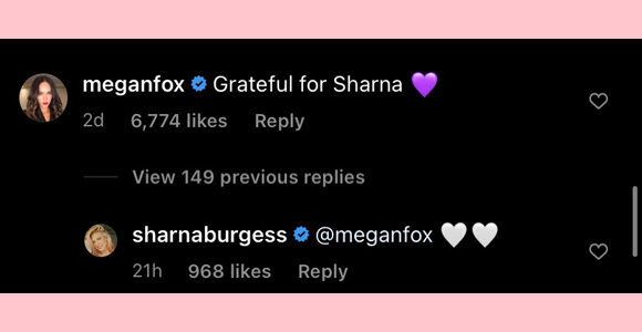 megan fox, sharna burgess : exchange heart emojis in BAG's comments