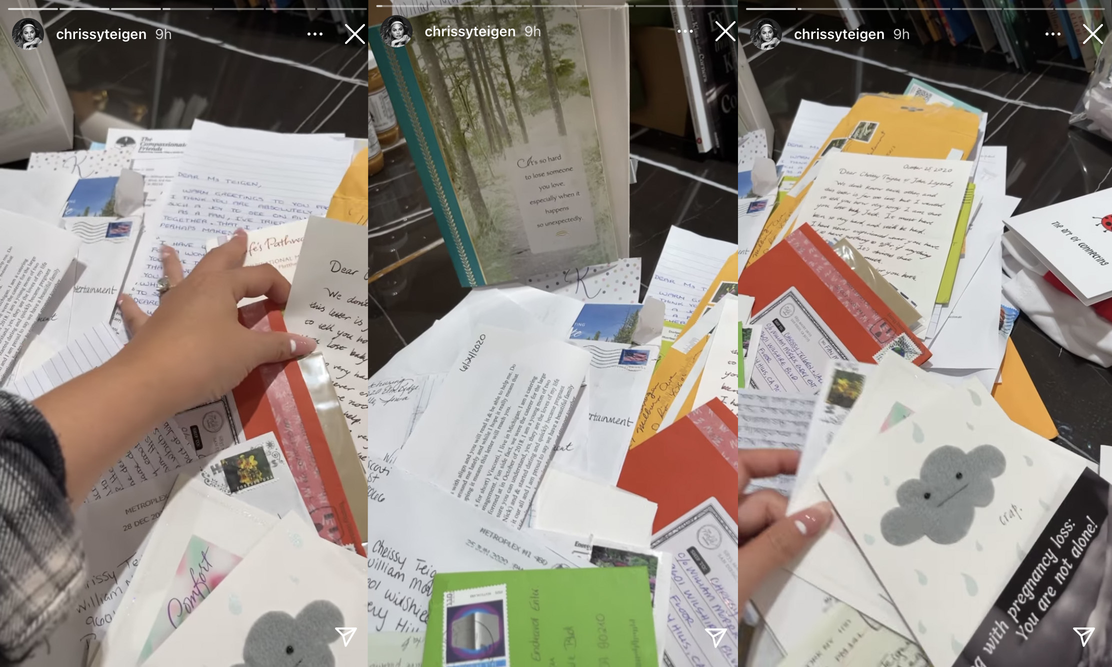 Chrissy Teigen shows the fan mail she's received from supporters after her pregnancy loss last year.