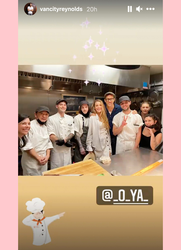 ryan reynolds, blake lively: pose with staff pointing to o ya restaurant for beginning date anniversary