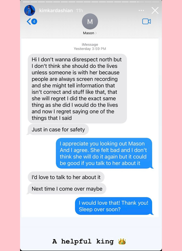 kim kardashian, mason disick: screenshots of text conversation about north's livestream