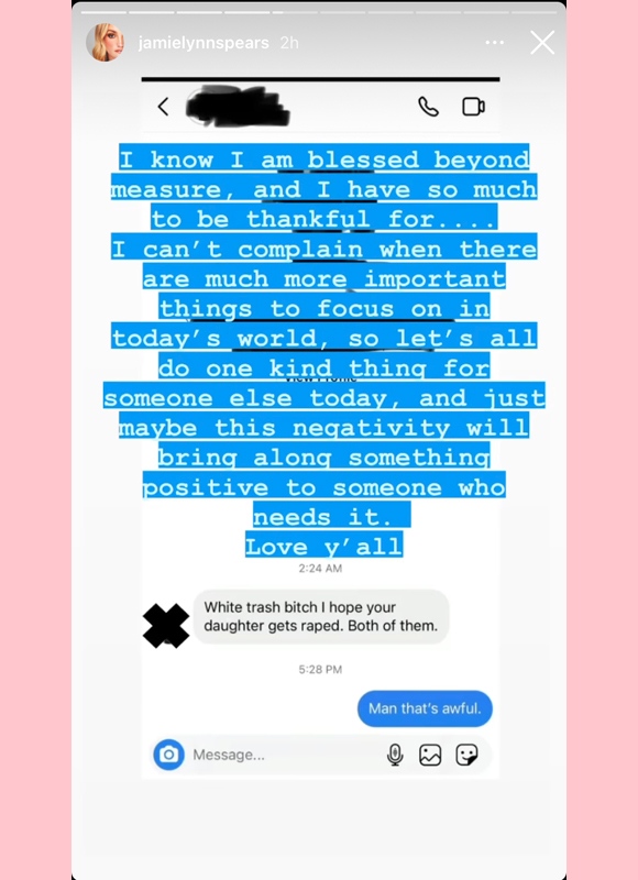 jamie lynn asparagus spears: posts message from troll around instagram story 2