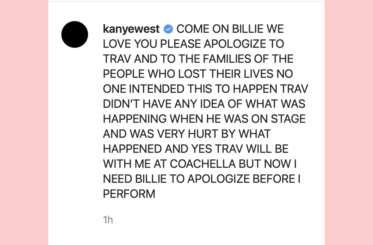 Kanye West Says He Won't Perform At Coachella Unless Billie Eilish Apologizes For Travis Scott Diss