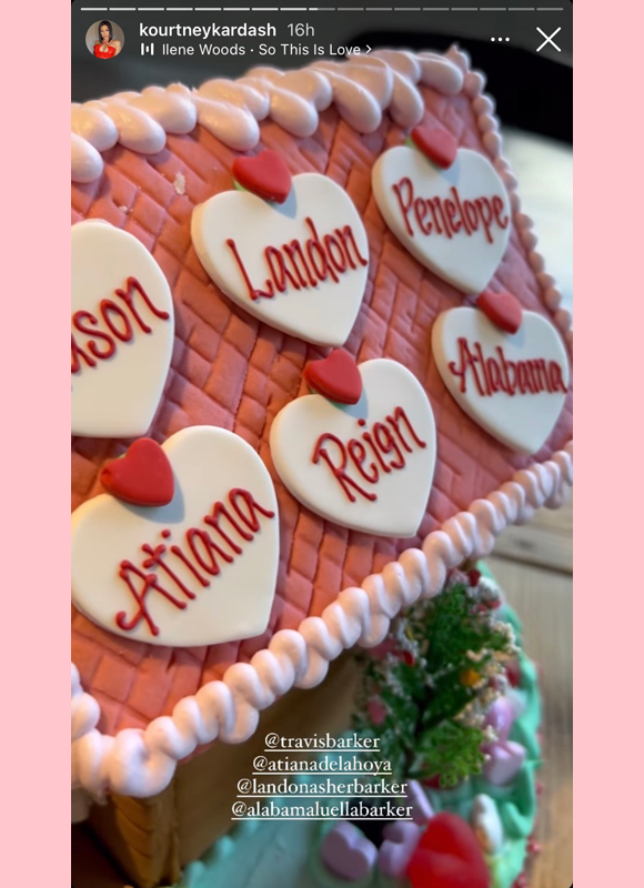 kourtney kardashian: valentines day gingerbread house for the family, kids names on roof instagram story